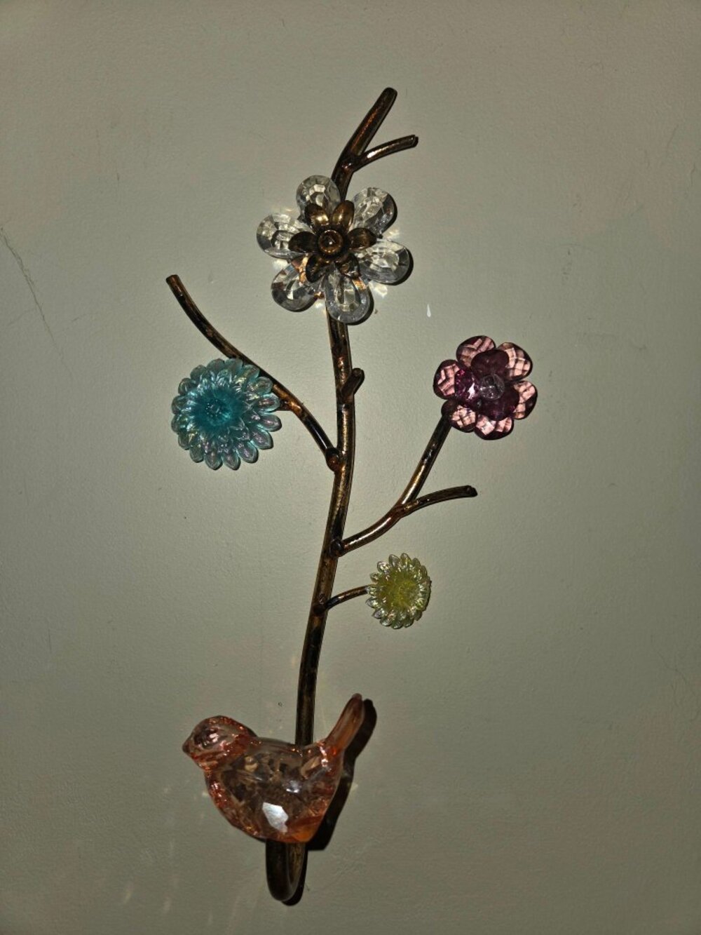Decorative Metal Branch Wall Hook Acrylic Flowers Pink Bird Antique Gold